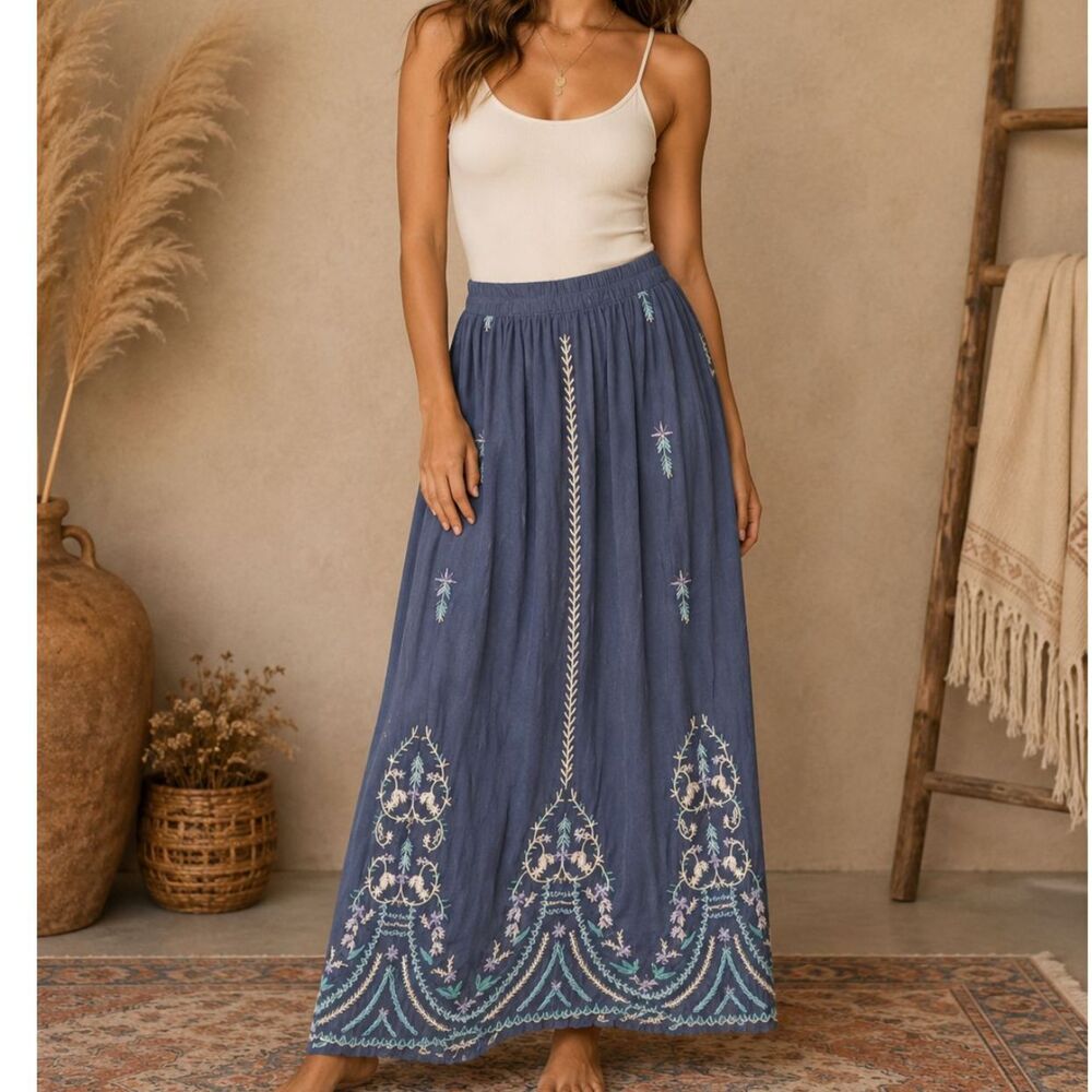 Boho Embroidered Mesh Maxi Skirt Cottagecore Festival Hippy Artsy NWT Size S/M
